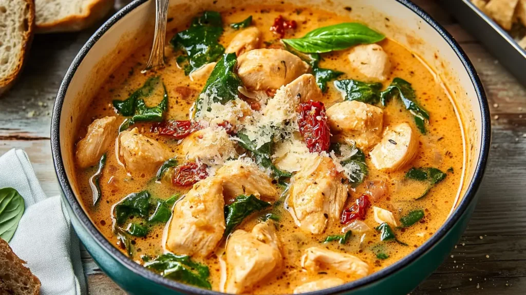 A bowl of creamy Marry Me Chicken Soup with spinach and sun-dried tomatoes.