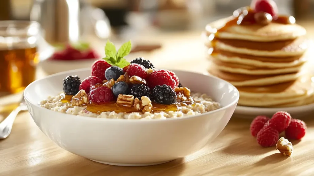 A comparison of oatmeal and pancakes as breakfast options.