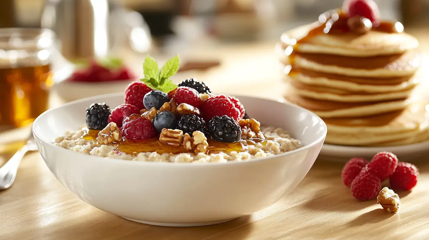 A comparison of oatmeal and pancakes as breakfast options.