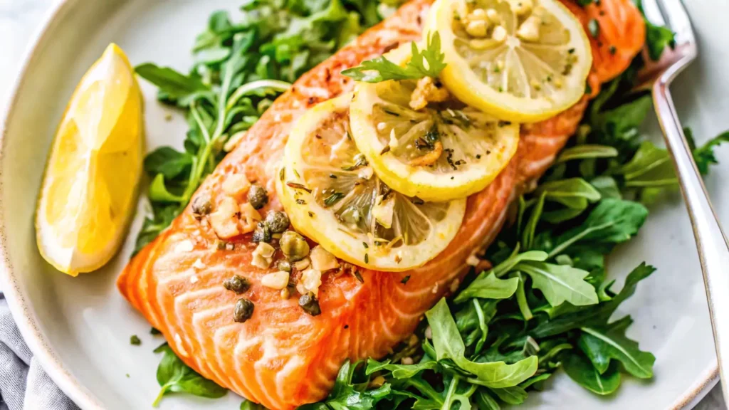 Steelhead trout fillet served with asparagus and lemon wedges