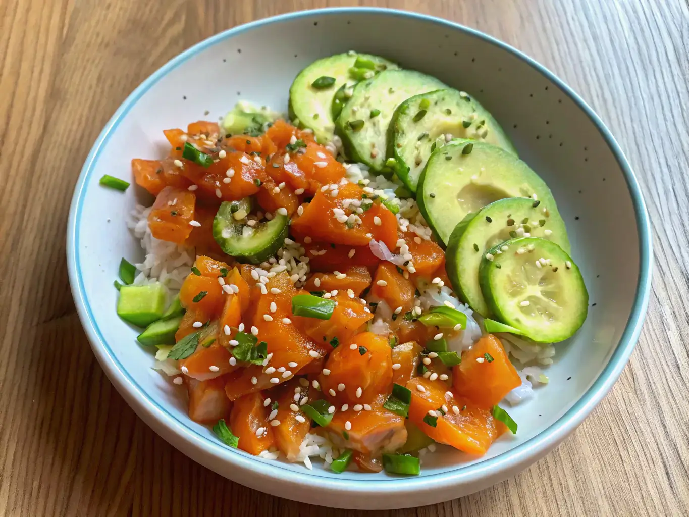 Poke bowl toppings like avocado, cucumber, and edamame.