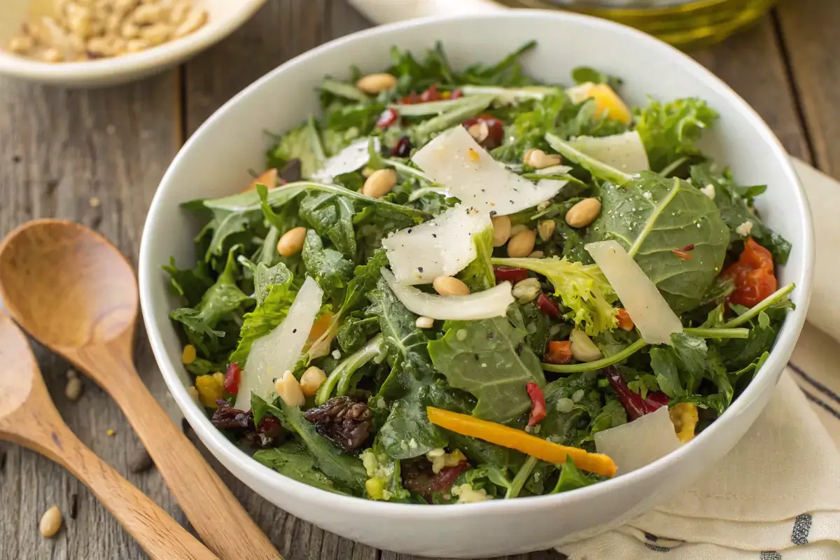 Kale crunch chicken salad with kale, chicken, and almonds in a white bowl.