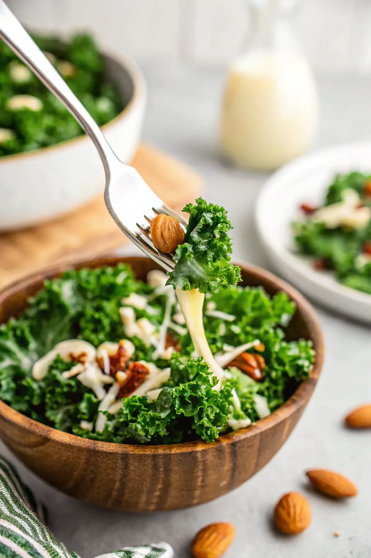 Close-up of Chick-fil-A kale salad copycat recipe with kale, broccoli, and almonds served