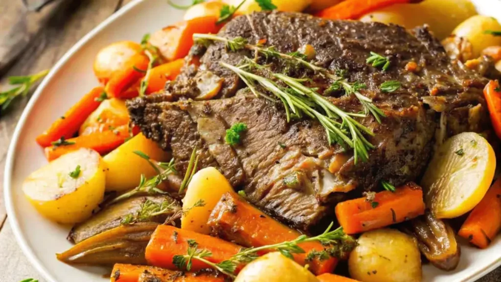 Tender venison roast recipe with roasted vegetables plate