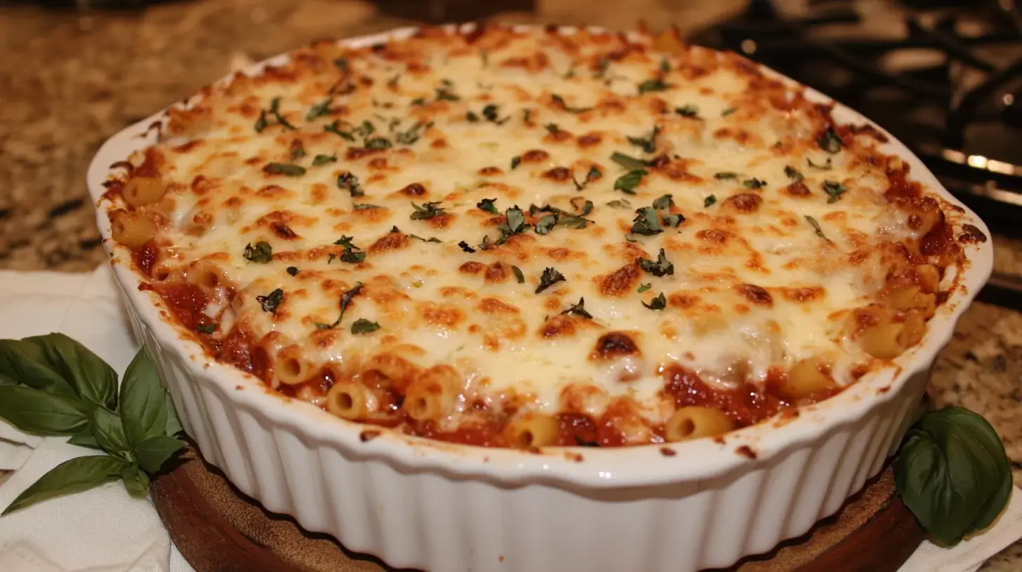 Baked ziti partially covered with foil