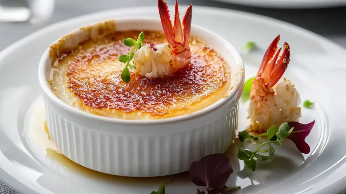 Crab Brulee with caramelized topping and fresh herb garnish.