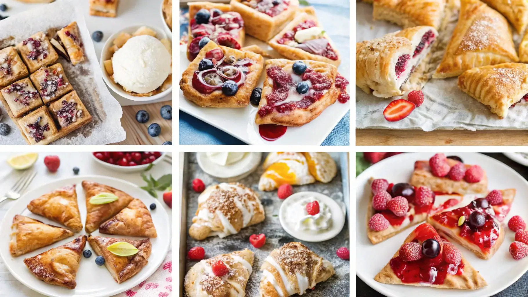A platter of assorted puff pastry desserts, including turnovers, tarts, and croissants.