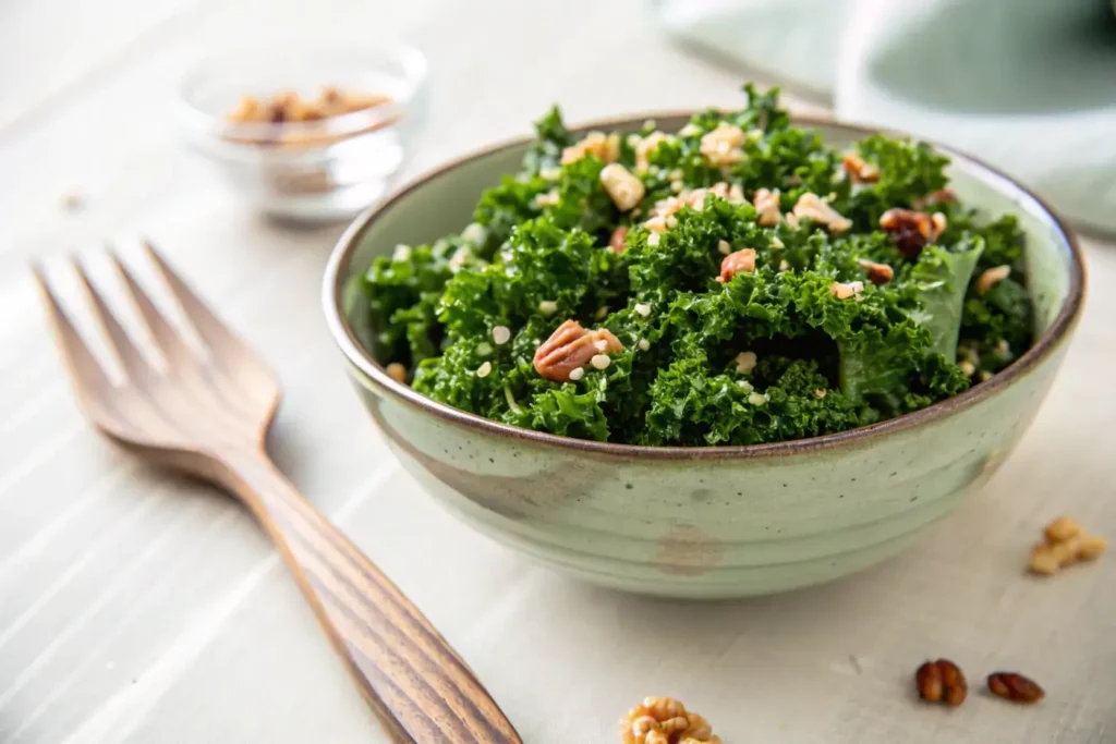 Close-up of Chick-fil-A kale salad copycat recipe with kale, broccoli, and almonds