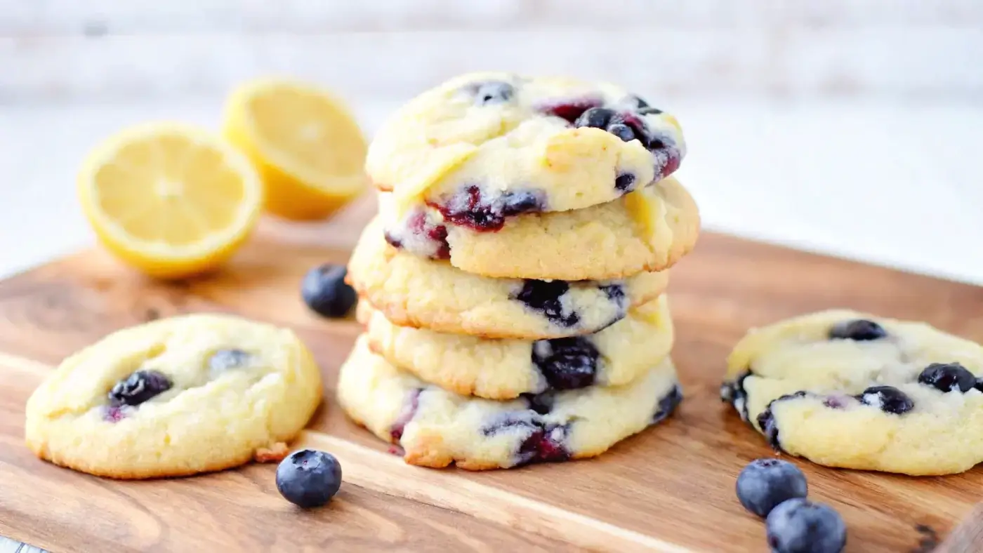Freshly baked lemon blueberry cookies with powdered sugar.