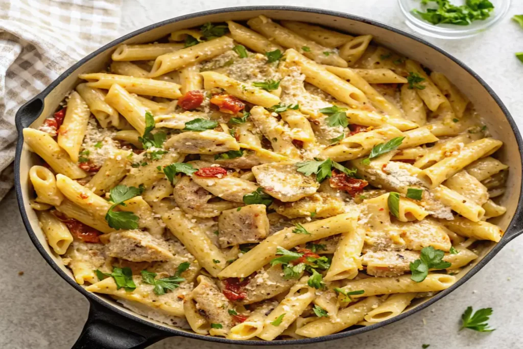 Marry Me Chicken Pasta served in a bowl with fresh basil and Parmesan.