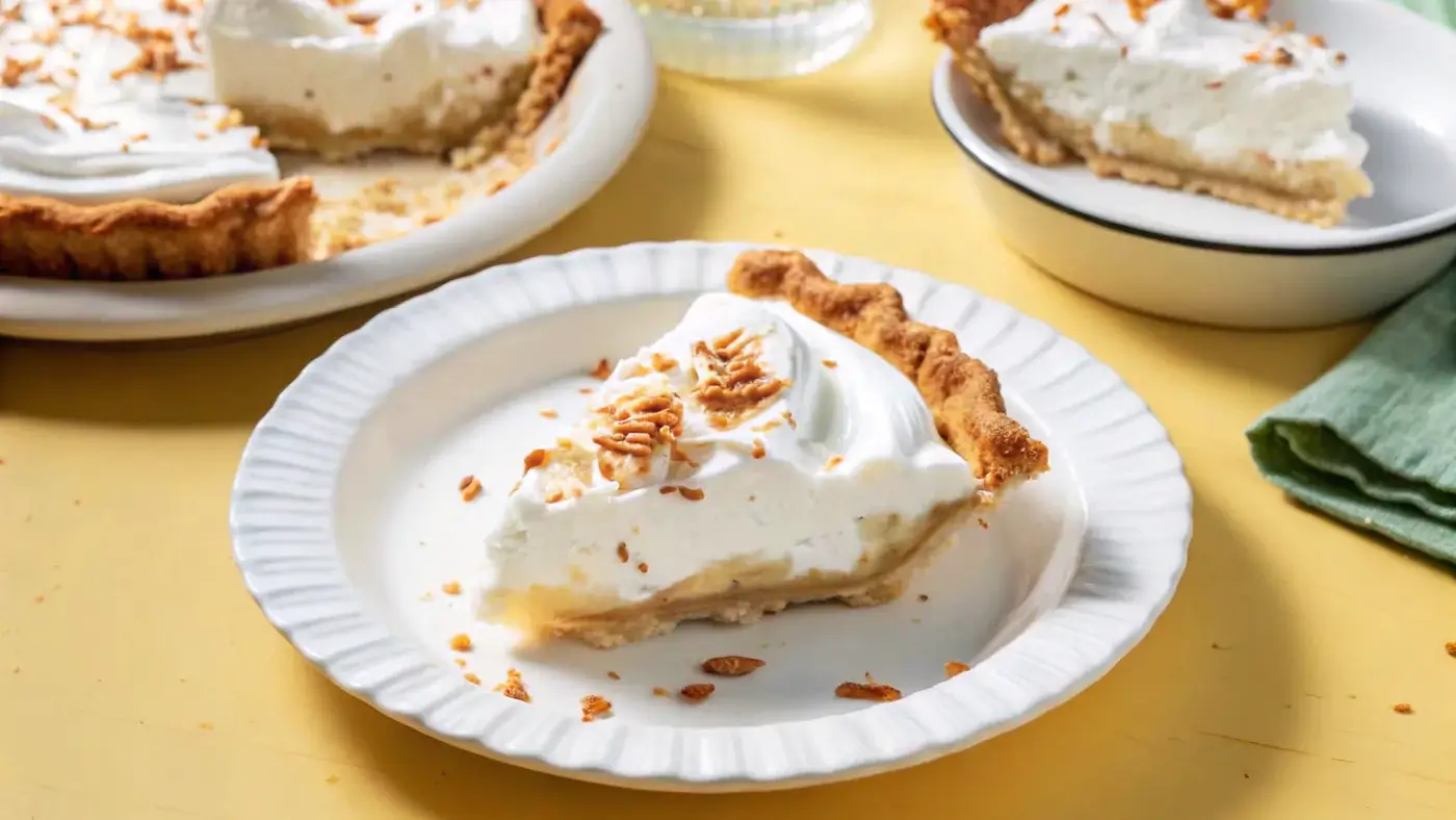 Coconut custard pie with golden crust and toasted coconut flakes