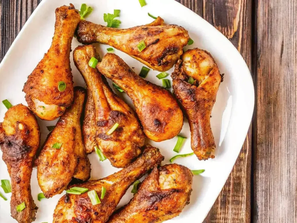 A platter of smoked chicken legs with crispy skin
