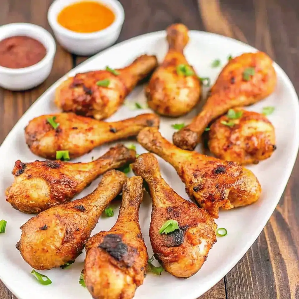 A platter of smoked chicken legs with crispy skin and barbecue sauce