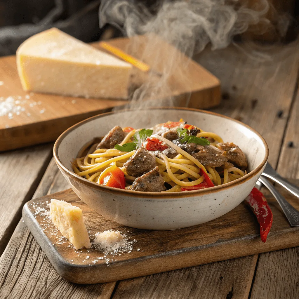 Which meat is good for pasta: bowl of meat and pasta