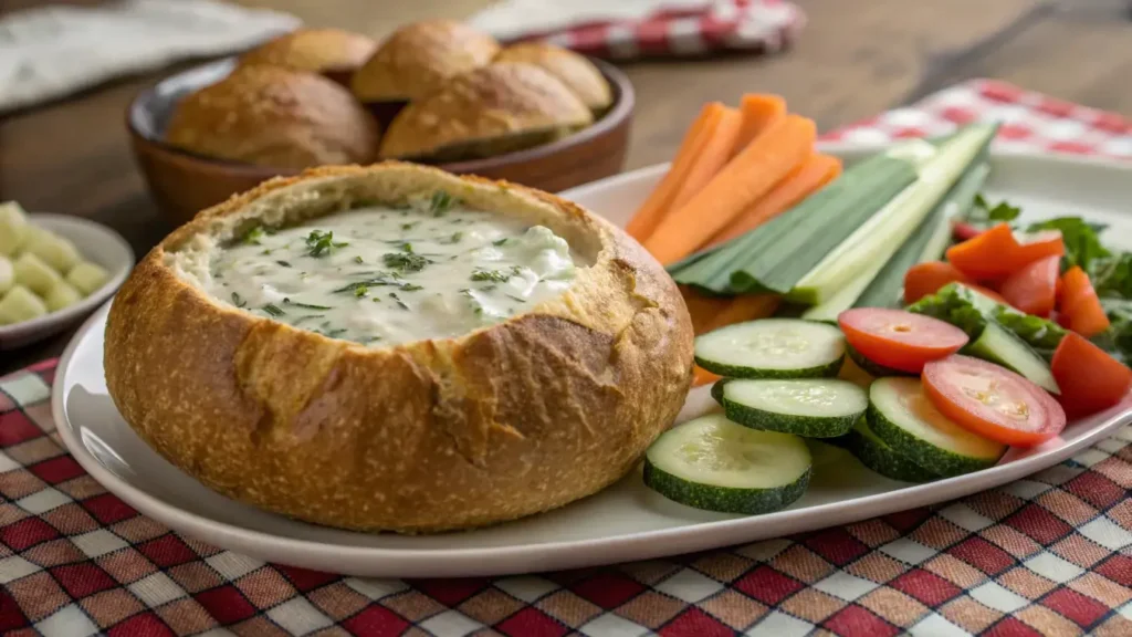 Spinach dip in a bread bowl
