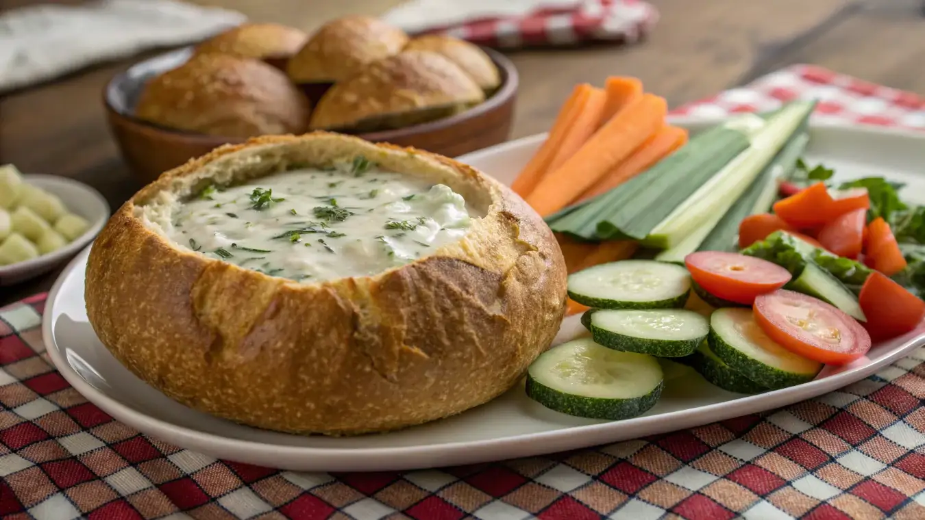 Spinach dip in a bread bowl
