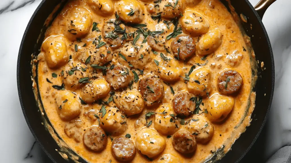 Butternut squash gnocchi with sausage in skillet