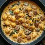 Served butternut squash gnocchi with sausage