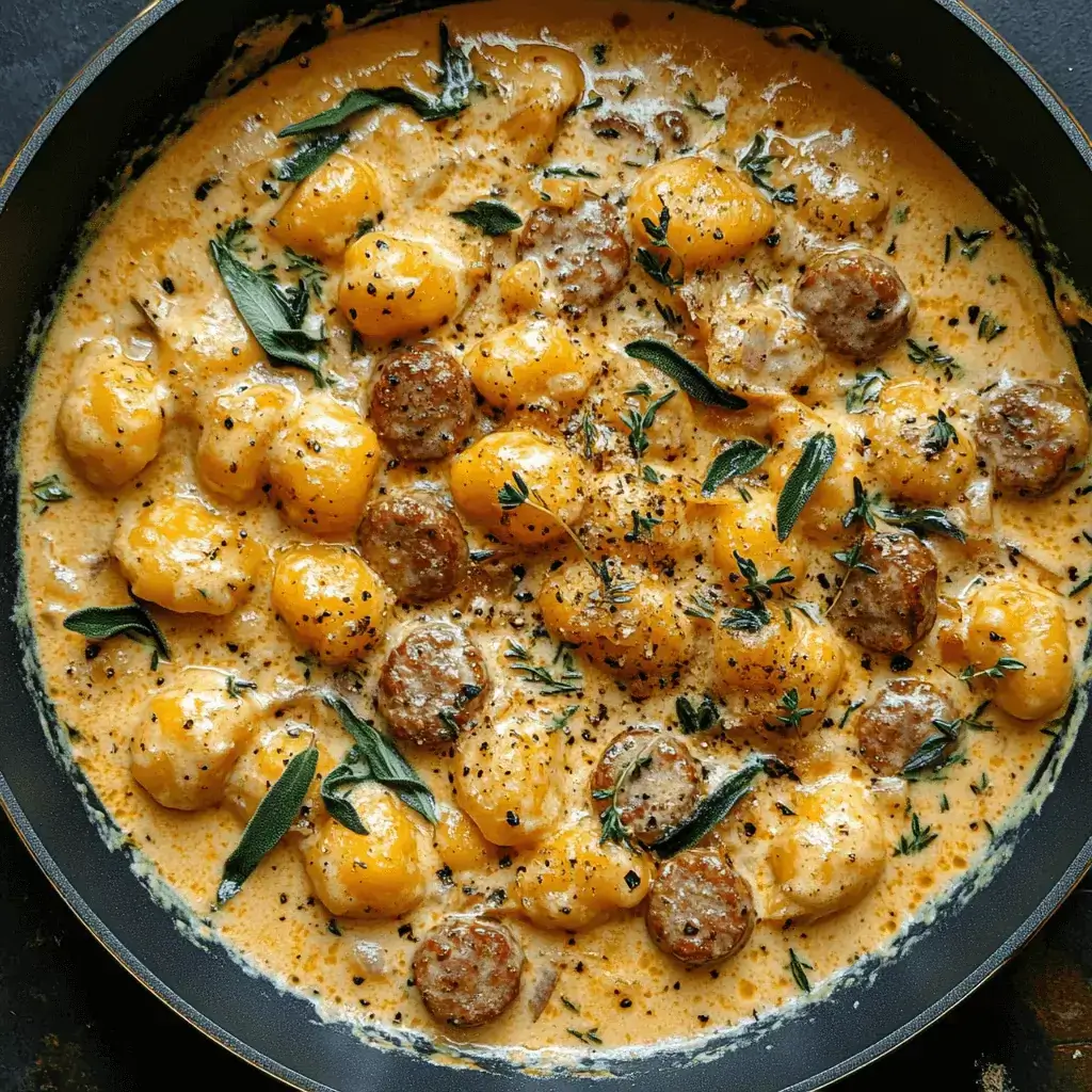 Served butternut squash gnocchi with sausage