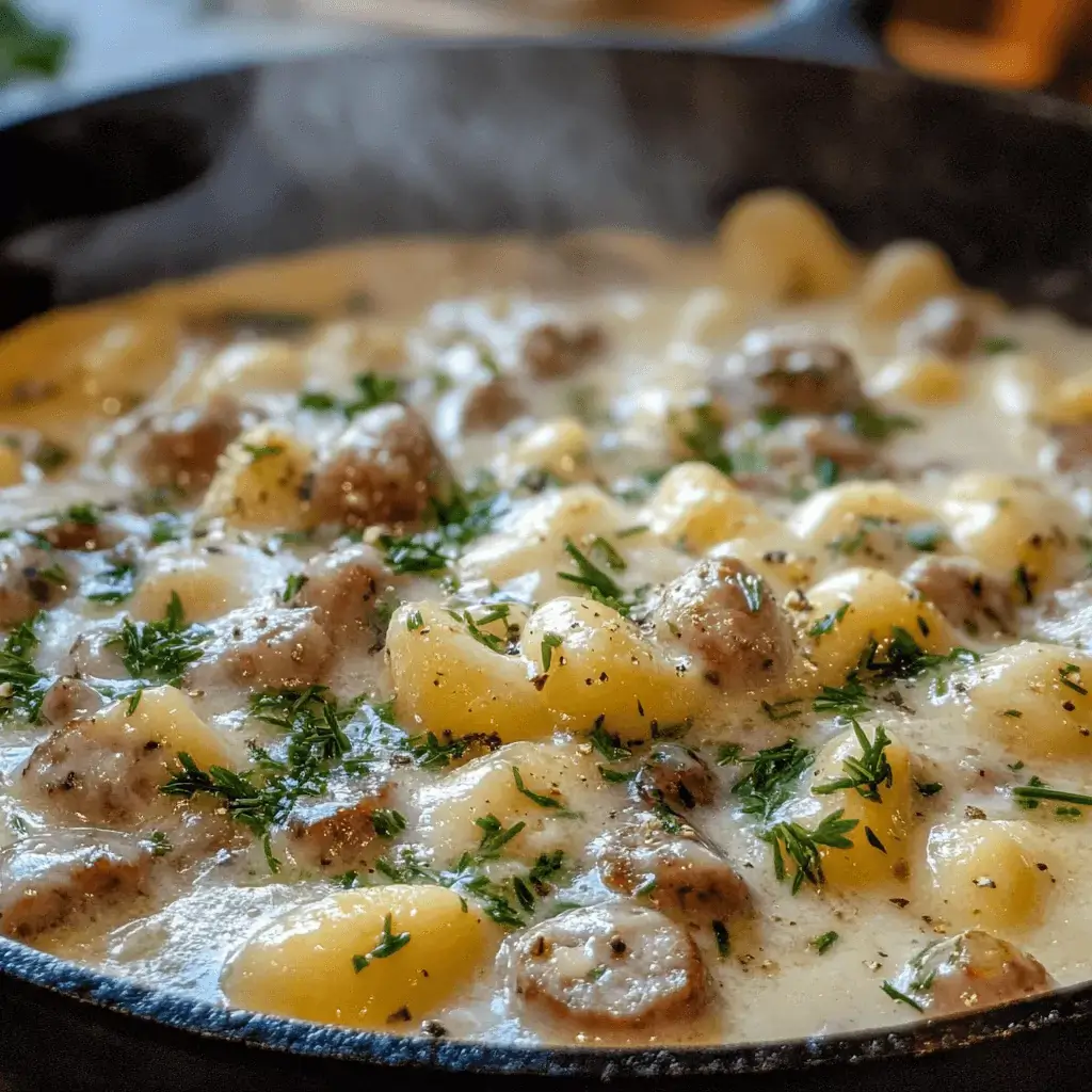 Cooking butternut squash gnocchi with sausage in skillet