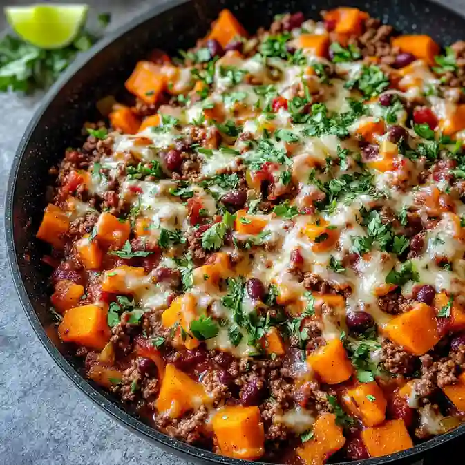 Close-up of cheesy Southwest beef and sweet potato skillet with black beans and cilantro
