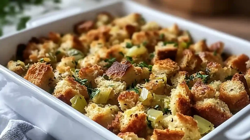 Homemade Thanksgiving stuffing with golden bread cubes, celery, and herbs in a white baking dish.
