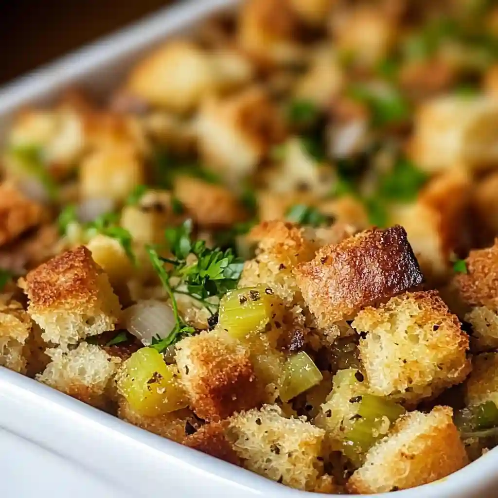 Crispy homemade Thanksgiving stuffing with golden bread cubes and celery pieces.