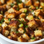 Close-up of golden brown homemade stuffing with bread cubes, celery, and fresh parsley in a white baking dish.
