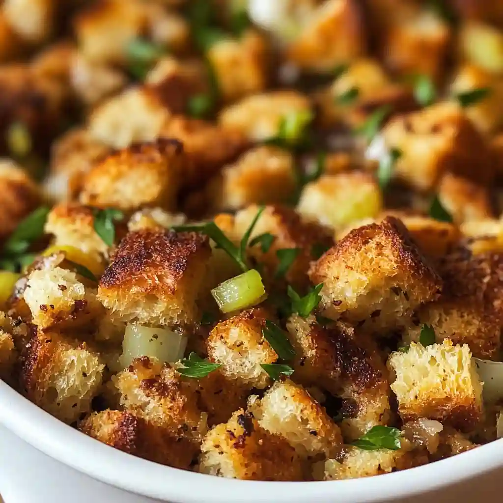 Close-up of golden brown homemade stuffing with bread cubes, celery, and fresh parsley in a white baking dish.