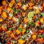 Large skillet filled with ground beef, sweet potato cubes, red peppers, black beans, cheese, and cilantro with a lime wedge