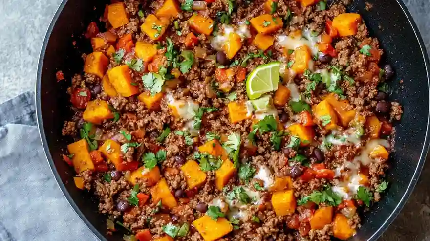 Large skillet filled with ground beef, sweet potato cubes, red peppers, black beans, cheese, and cilantro with a lime wedge