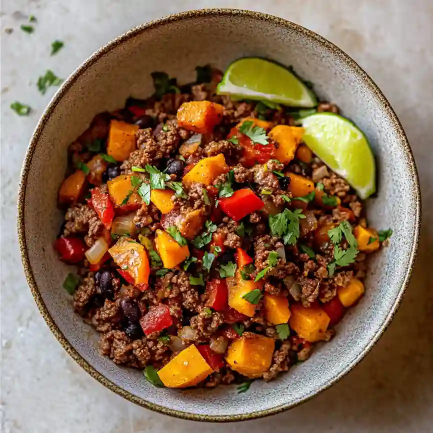Overhead bowl of Southwest beef and sweet potato mixture with black beans, peppers, cilantro, and lime wedges