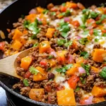 Close-up of a skillet with seasoned ground beef, sweet potato cubes, red peppers, melted cheese, and cilantro on a wooden spoon