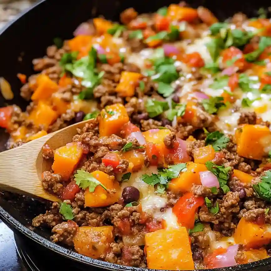 Close-up of a skillet with seasoned ground beef, sweet potato cubes, red peppers, melted cheese, and cilantro on a wooden spoon