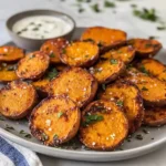 Golden baked sweet potato rounds on a platter with flaky salt, parsley, and creamy dip