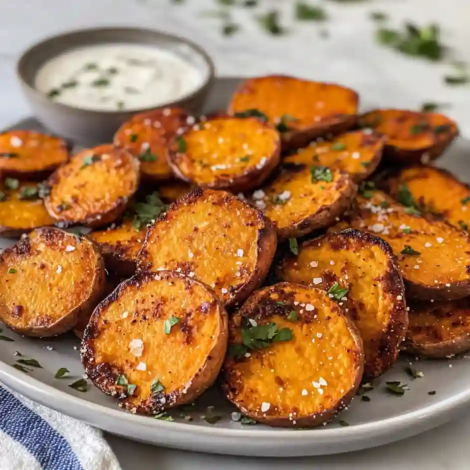 Golden baked sweet potato rounds on a platter with flaky salt, parsley, and creamy dip