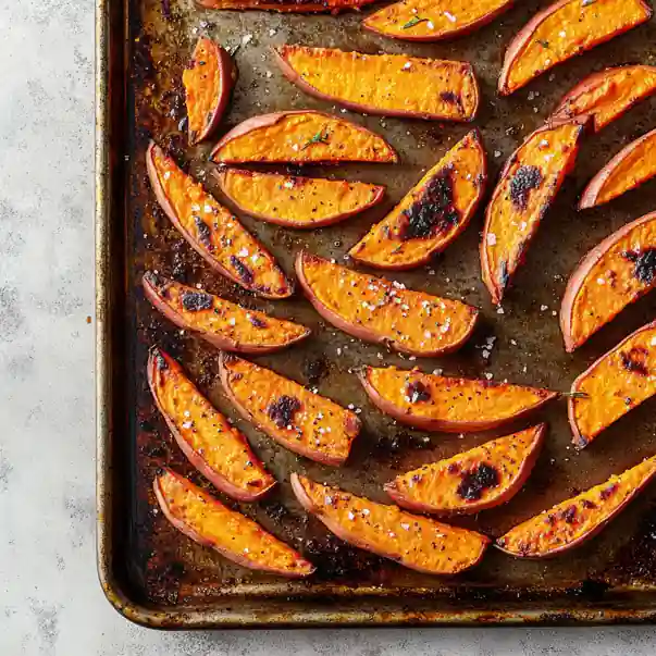 Overhead view of roasted sweet potato wedges on a baking sheet with sea salt
