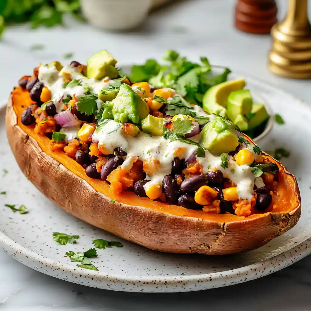 Sweet potato boat stuffed with black beans, corn, avocado, and fresh cilantro on a plate