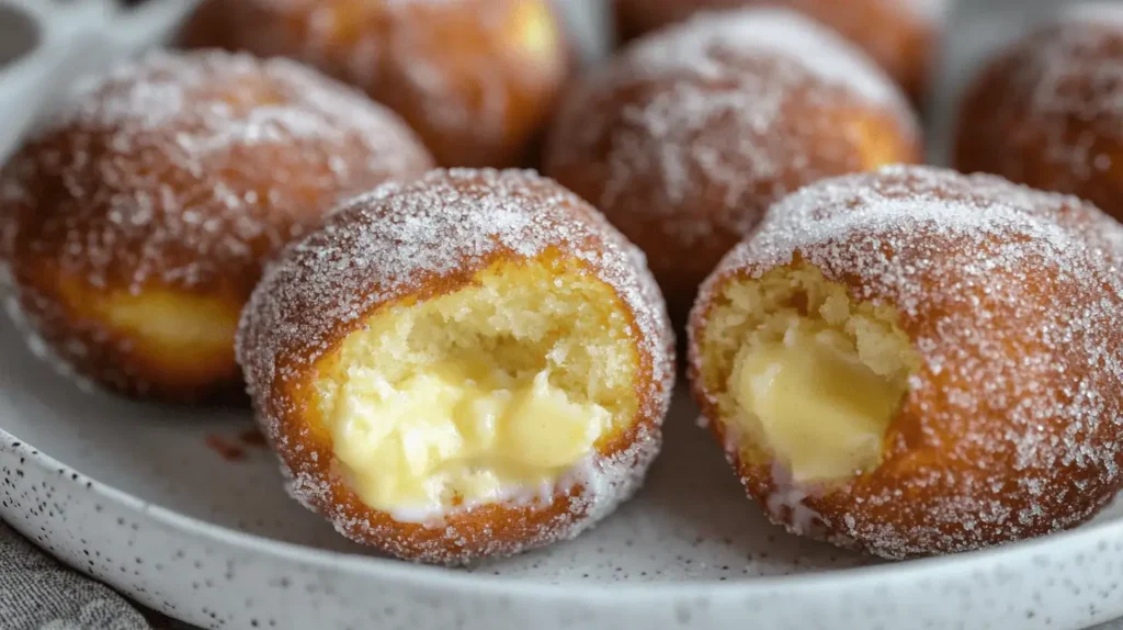 Golden brioche donuts dusted with sugar and filled with creamy custard