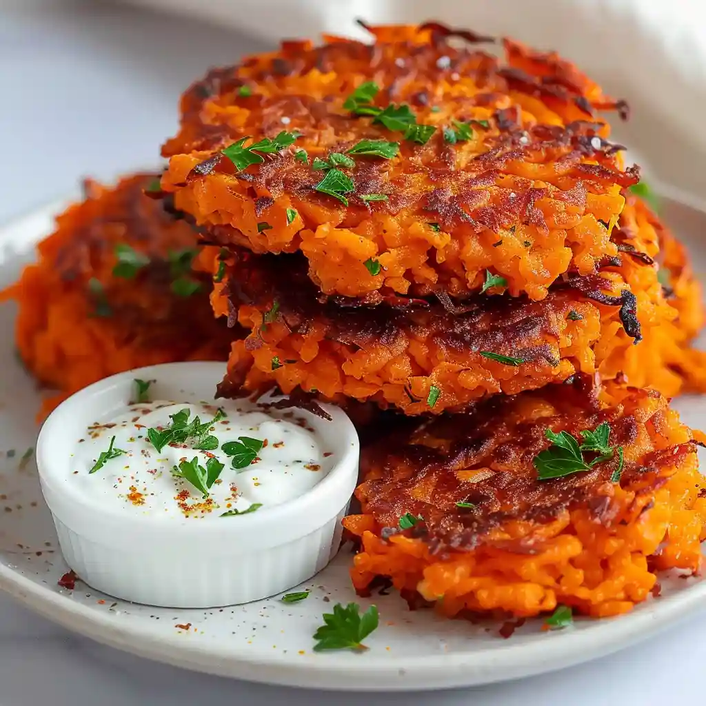 Crispy shredded sweet potato fritters served with creamy dipping sauce and parsley garnish