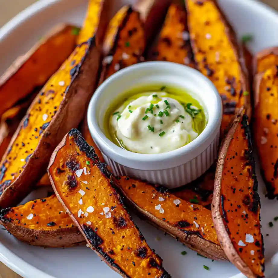 Golden baked sweet potato wedges served with creamy garlic dip and sprinkled sea salt