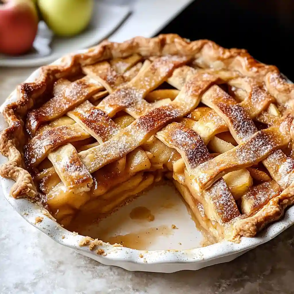 Classic apple pie with lattice crust, baked golden brown, with a slice removed.