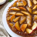 Homemade apple upside down cake with caramelized apple slices.