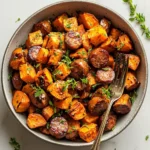 Bowl of roasted sausage and sweet potatoes garnished with herbs.