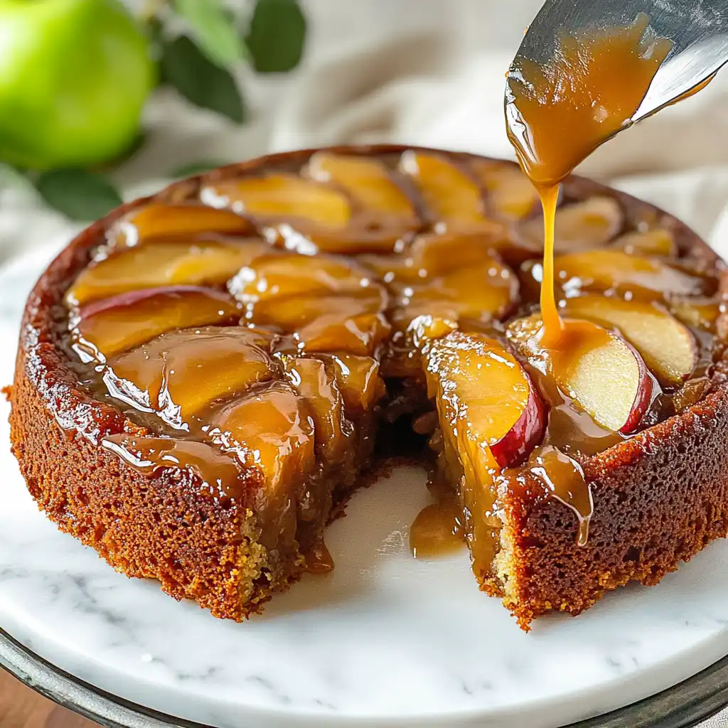 Apple upside down cake with caramel sauce being poured on top.