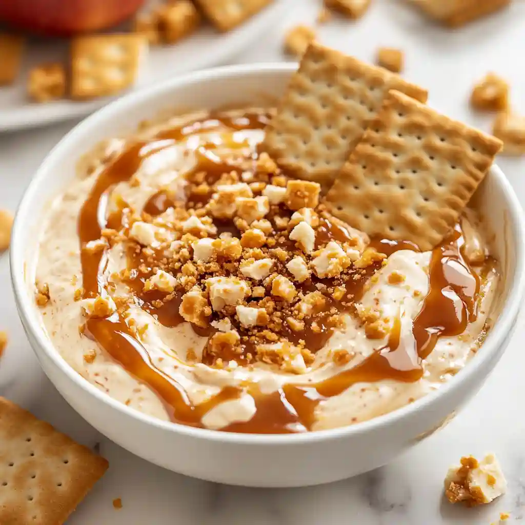 Bowl of caramel apple dip topped with crushed cookies and served with crackers.