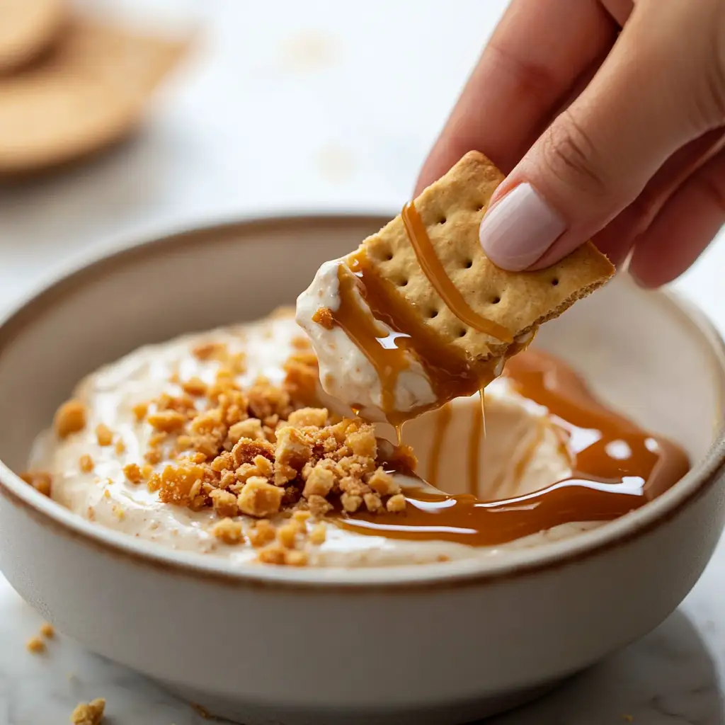 Cracker dipped into caramel apple dip with cookie crumbles.