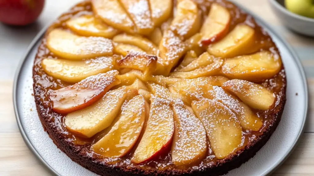 Apple upside down cake sprinkled with powdered sugar.