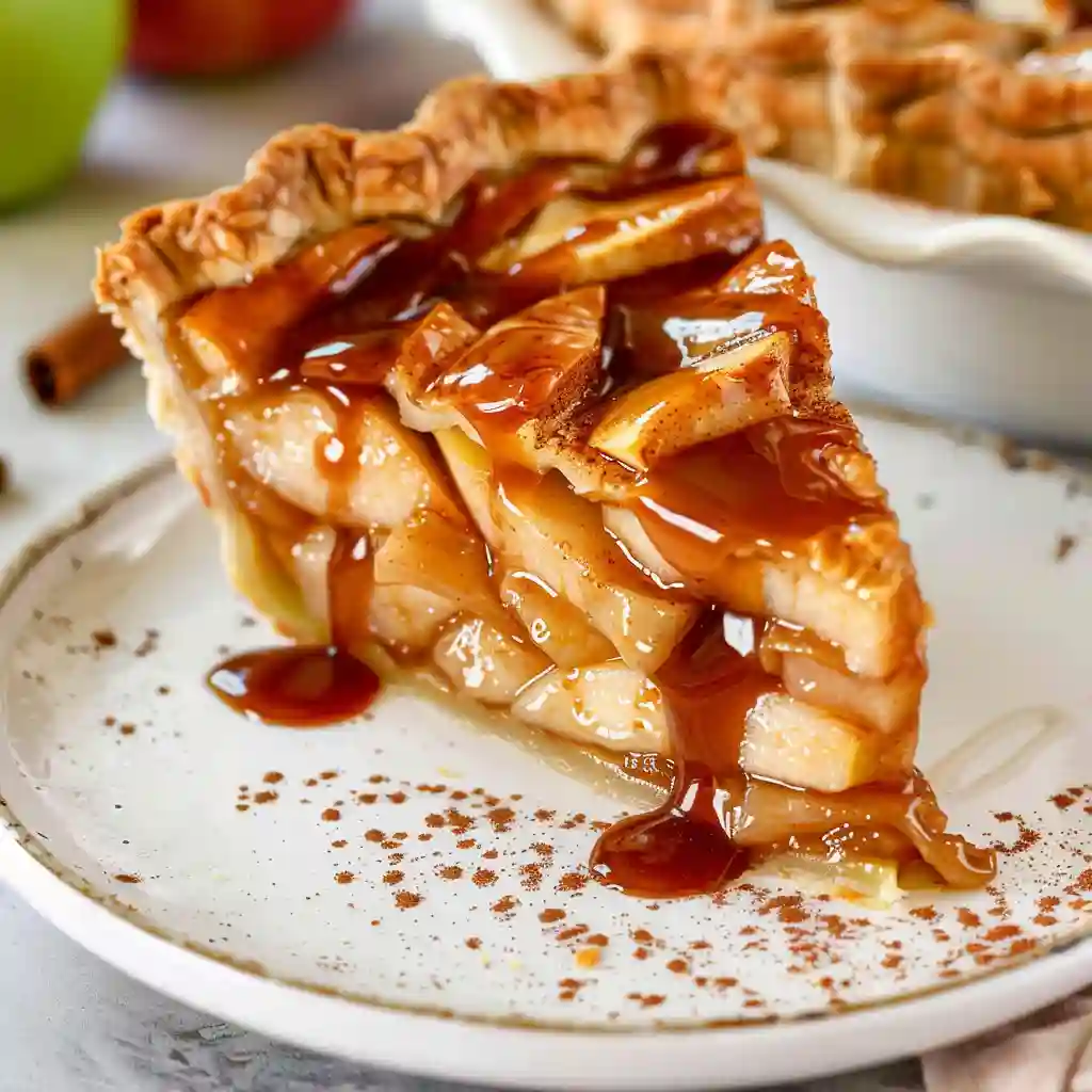 Slice of apple pie topped with caramel sauce on a white plate.