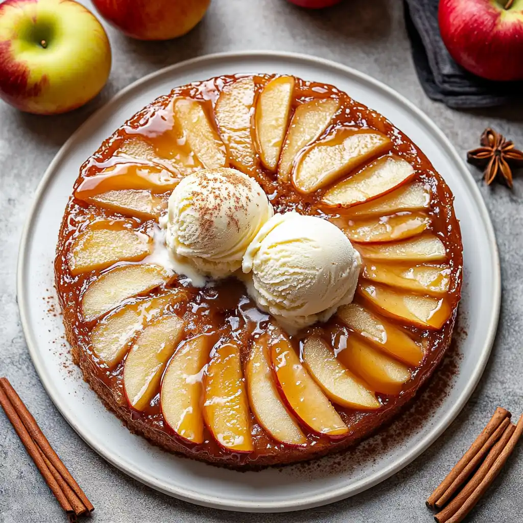 Apple upside down cake topped with caramelized apples and scoops of vanilla ice cream.